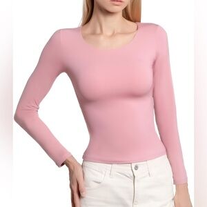 BRISIRA Women's Scoop Neck Double Lined Layering Long Sleeve Shirts Slim Fit